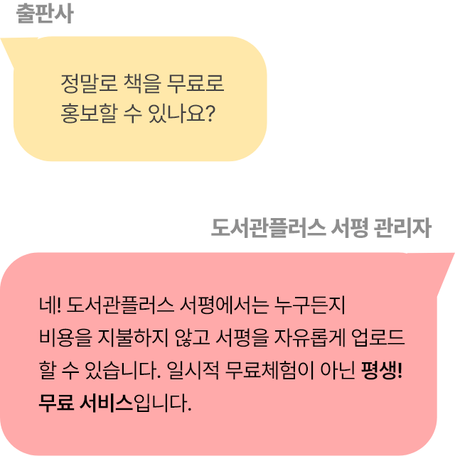 출판사:정말로 책을 무료로
                홍보할 수 있나요? 도서관플러스 서평 관리자: 네! 도서관플러스 서평에서는 누구든지 
                비용을 지불하지 않고 서평을 자유롭게 업로드
                할 수 있습니다. 일시적 무료체험이 아닌 평생! 
                무료 서비스입니다.